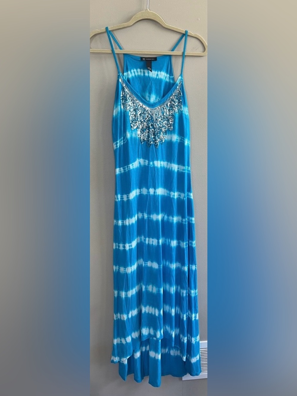 Moroccan tie-dye hi-lo turquoise maxi dress INC International Concepts medium